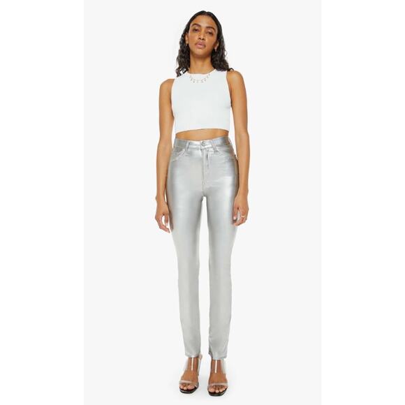 NWT Mother Silver Dagger High Waisted Rail Skimp Faux Leather Pants Womens 25 - Picture 1 of 13